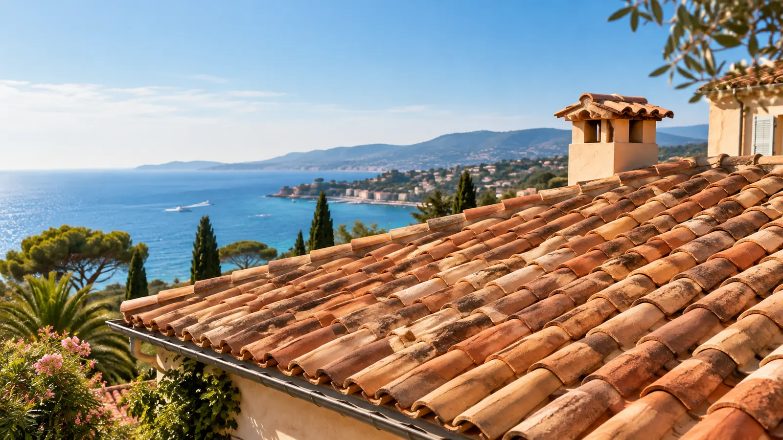 Couvreur de 1,2,TOITS au travail sur une toiture en tuiles, dans les Alpes-Maritimes